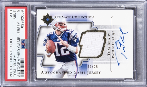 2004 Upper Deck Ultimate Collection Autographed Game Jersey #TB Tom Brady Signed Jersey Card (#02/25) - PSA MINT 9